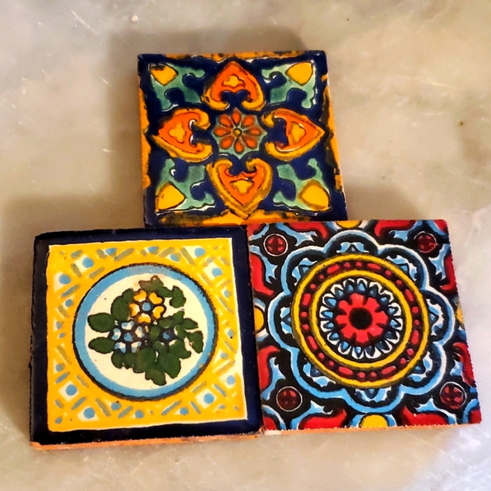 Lot 3 Talavera Mexican  handpainted 2" tiles -floral circle designs